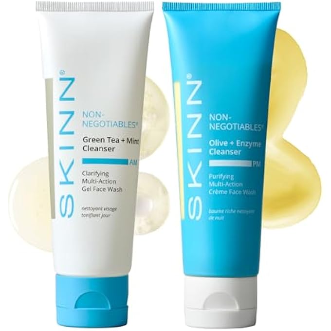 Skinn DAY & NIGHT FACE WASH FOR WOMEN & MEN - REFRESHING GREEN TEA & MINT INFUSION, NOURISHING OLIVE & ENZYME FORMULA - COMPLETE AM/PM CLEANSER SET FOR HYDRATED - Image 1